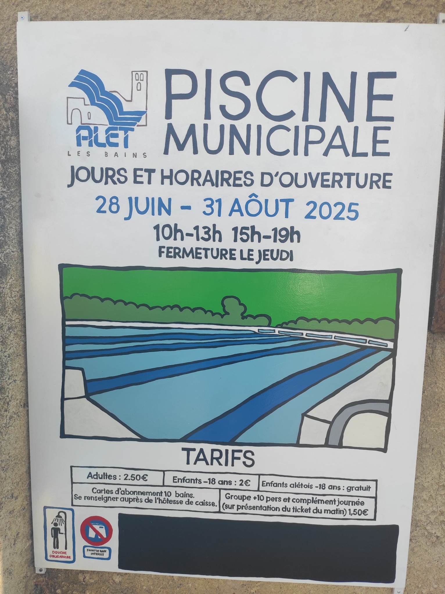 Horaires de la piscine : du 29 juin au 1er septembre de 10h à 13h et de 15h à 19h. Fermeture le jeudi